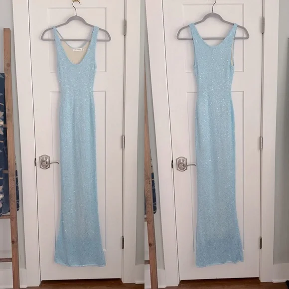 princess polly baby blue dress Navy Blue Sparkly Long Formal Prom Dress With Half Sleeves - $120.9816  #AM79046 main image 1